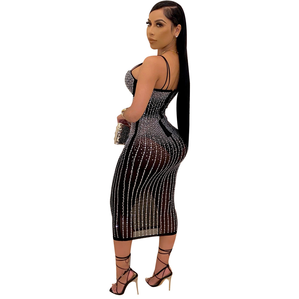 Summer Party Sexy Beaded Push Up Strap Midi Dress
