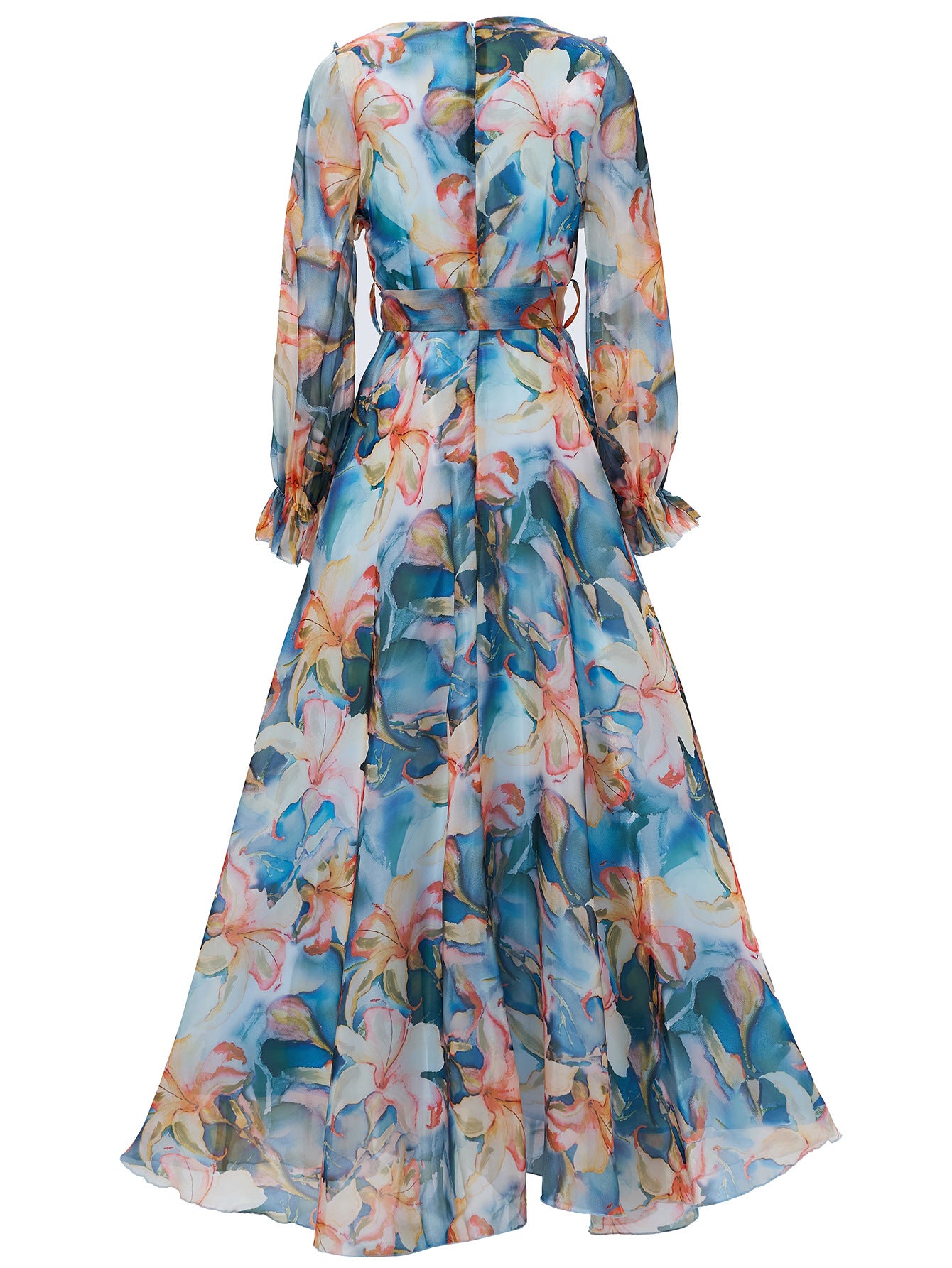 Elegant Women's Long-Sleeve V-Neck Ruffled Formal Party Mesh Evening Gown 19