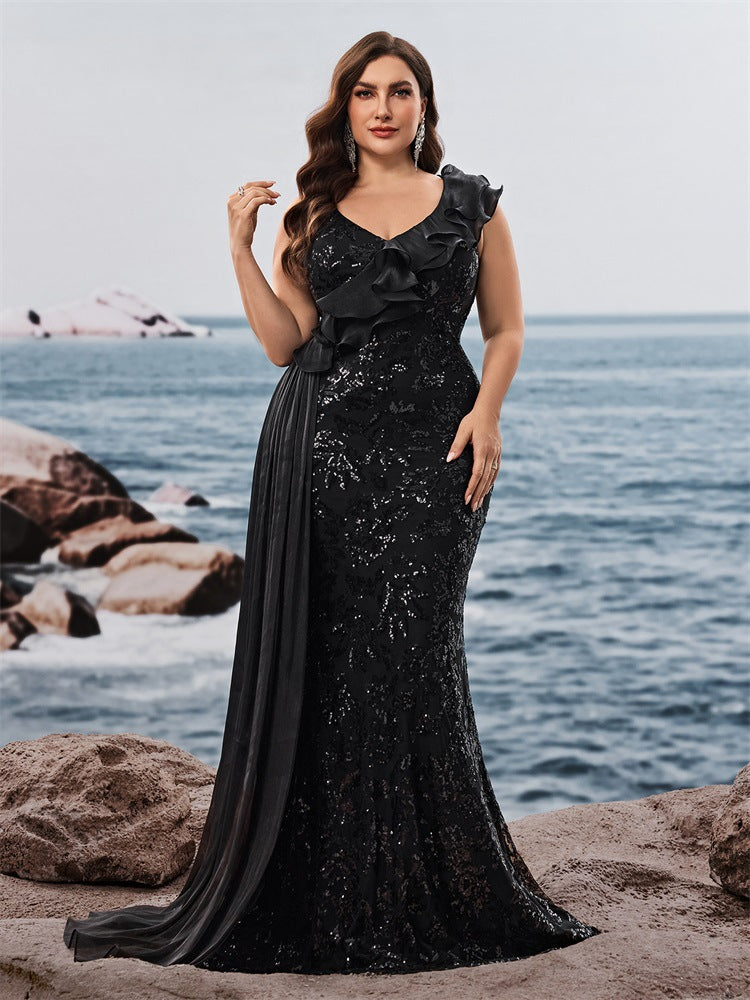 Plus Size Women's Elegant Sequin Patchwork V-Neck Ruffle Sleeve Evening Dress Mother of the Bride Gown