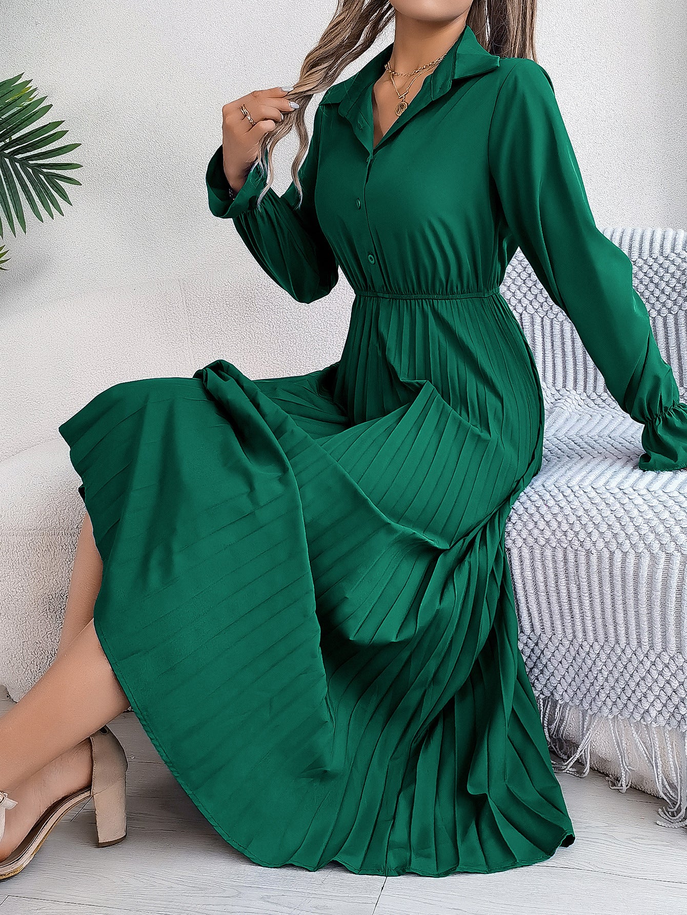 Autumn Winter Casual Turndown Collar Button Long Sleeve Slim Waist Pleated Women's Long Dress 11