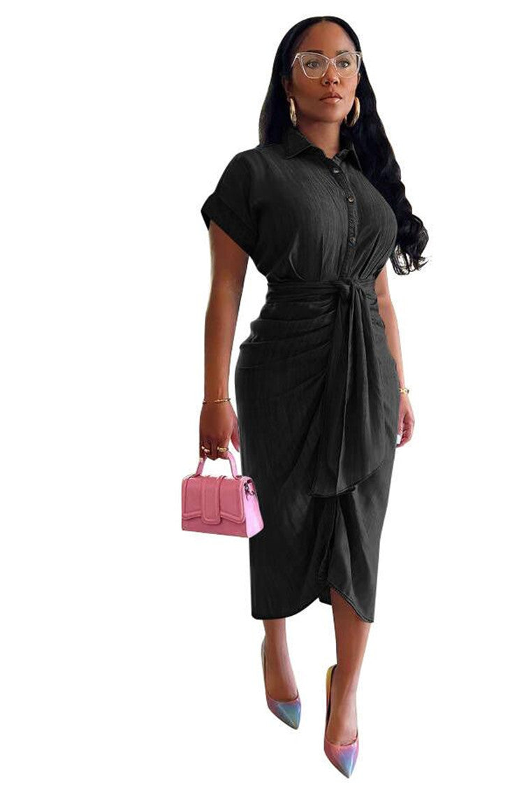 Women Stretch Pleated Lace-Up Denim Dress 6