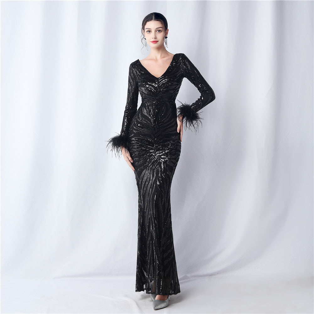 V-Neck Feather Long-Sleeved Sequined Evening Dress 12