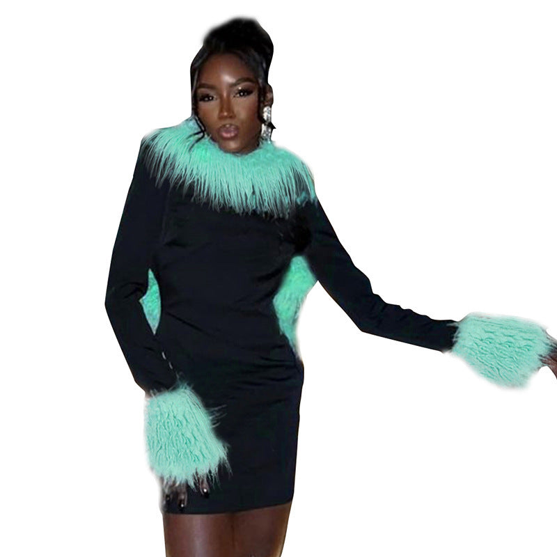 Women's Autumn Fur Collar Patchwork Solid Color Casual Low Back Long Sleeve Slim Dress 6