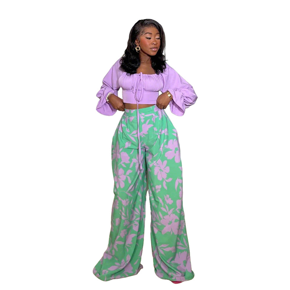 Long Sleeve Top with Loose Printed Wide-Leg Pants  Casual & Comfortable Two-Piece Set 14