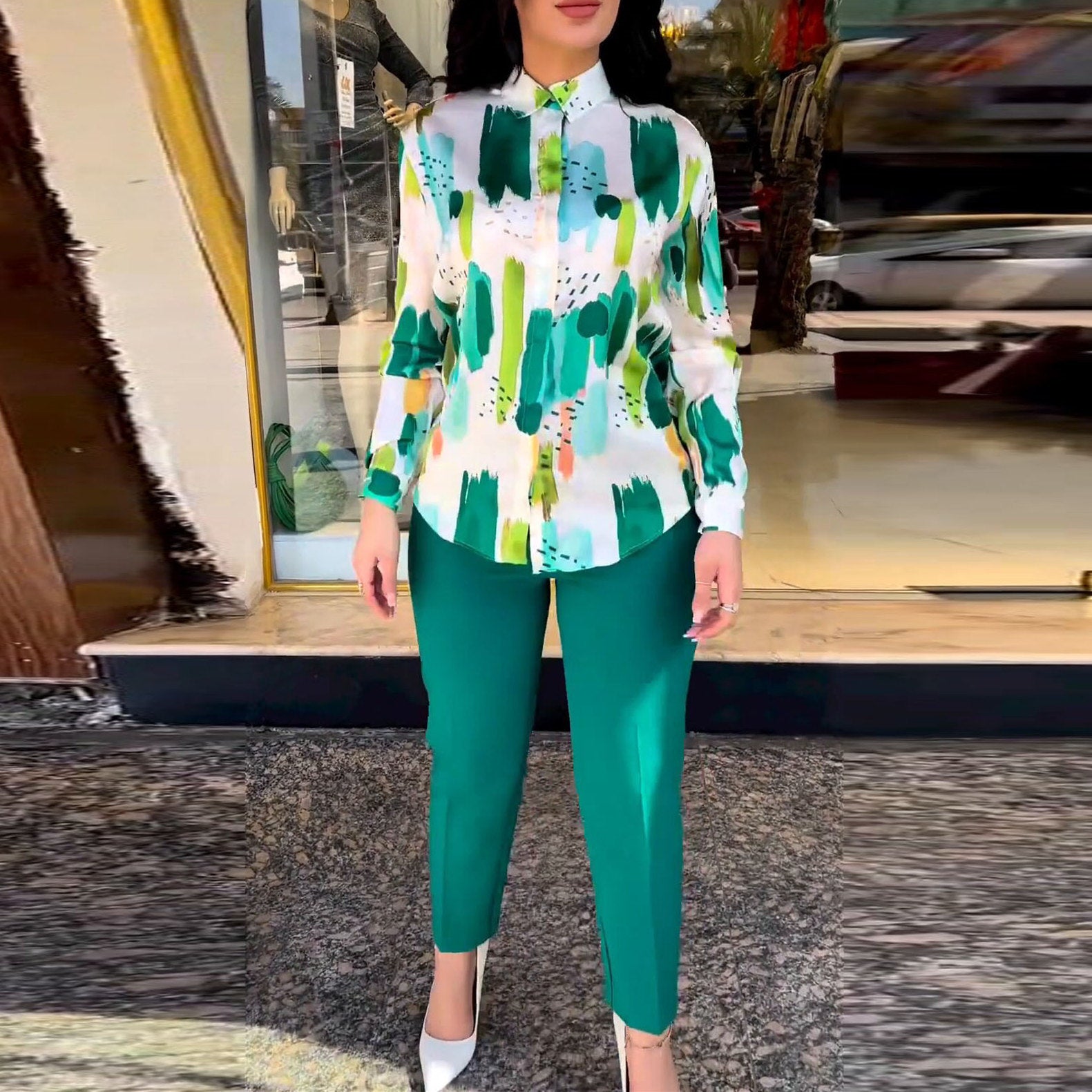 Career Women's Summer Chic Long Sleeve Shirt High Waist Cropped Pants Tight Pants Set 5