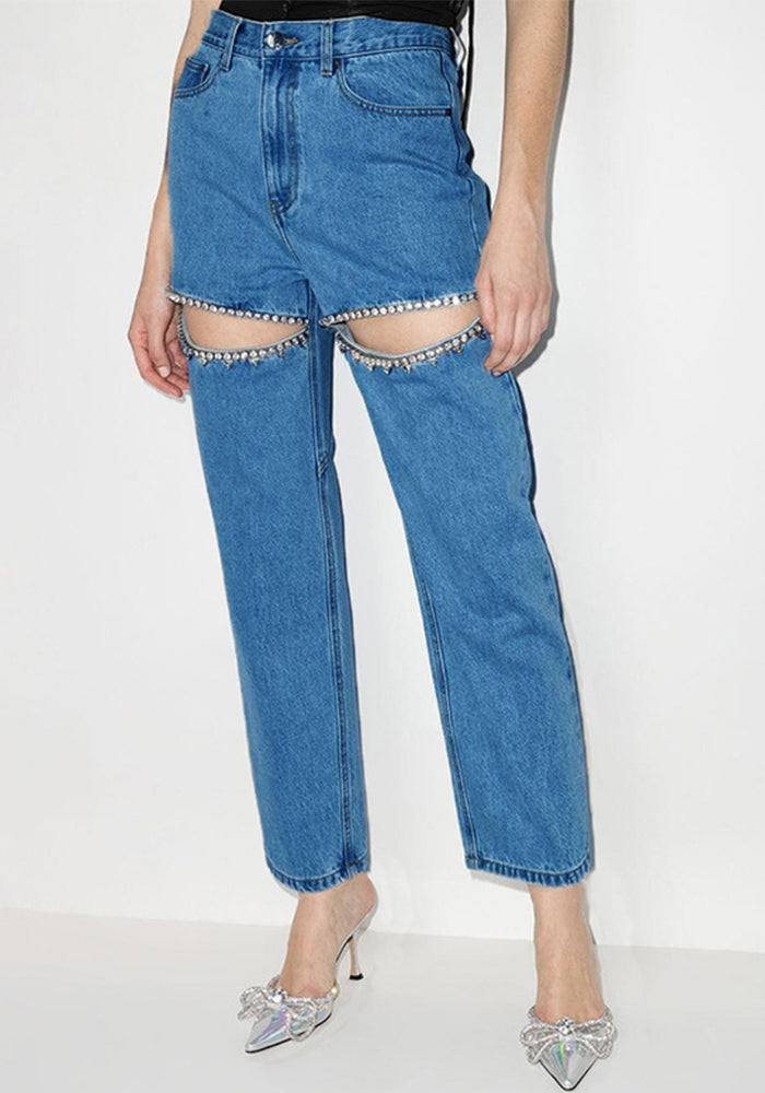 Fashion Diamond Beaded Mid-Waist Straight Hollow Women's Denim Pants