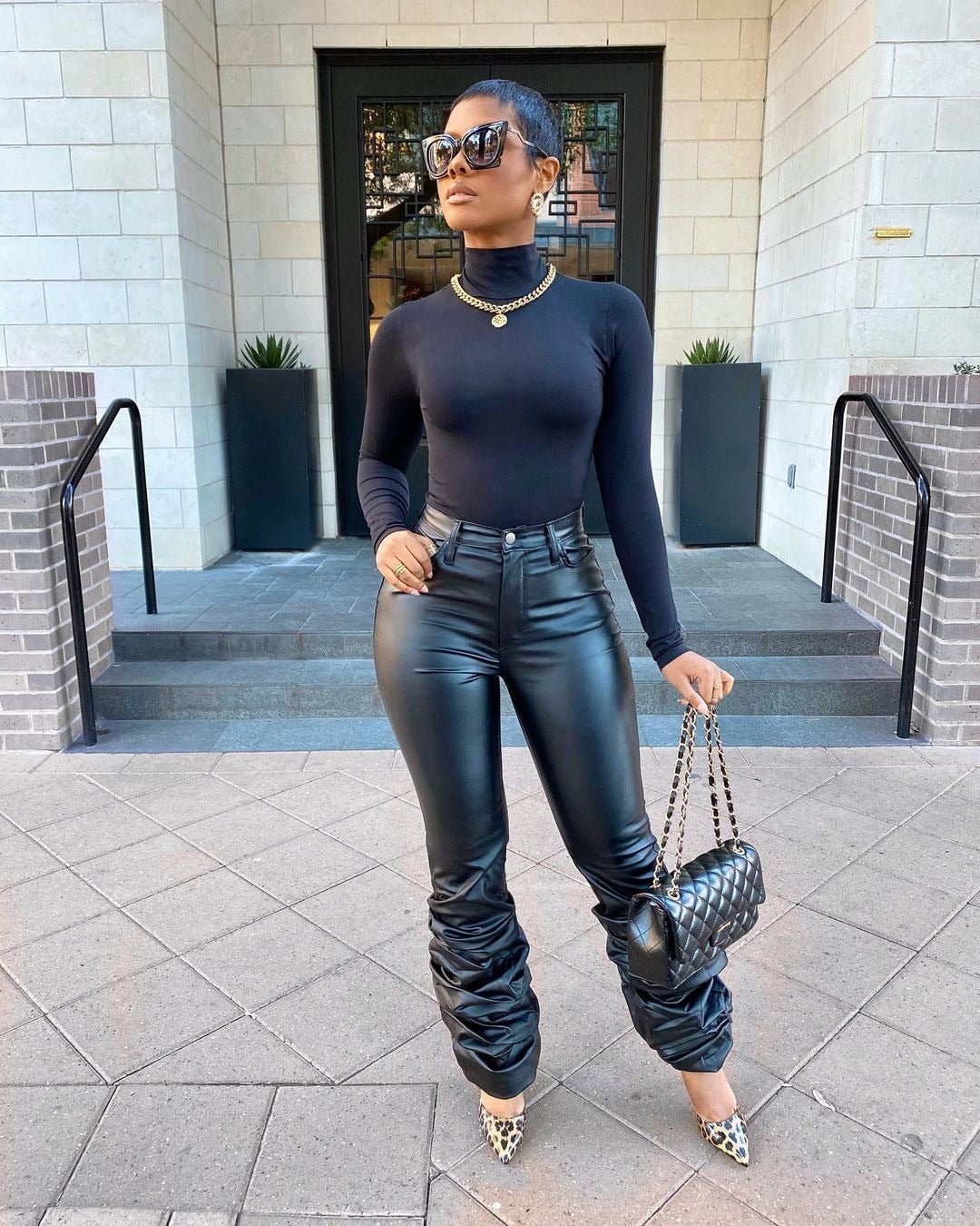 Autumn Winter Women's Fashion Button Zipper Elastic Stacked Leather Pants 4