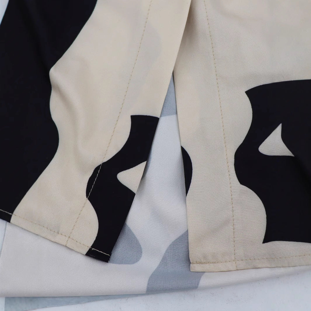 Women Spring Turndown Collar Black and White Patchwork Turndown Collar Wave Long Sleeve Shirt 4