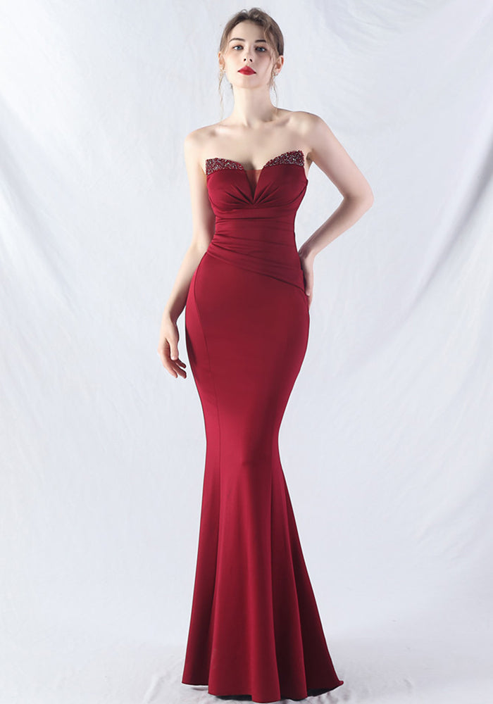 Women Satin Beaded Evening Dress