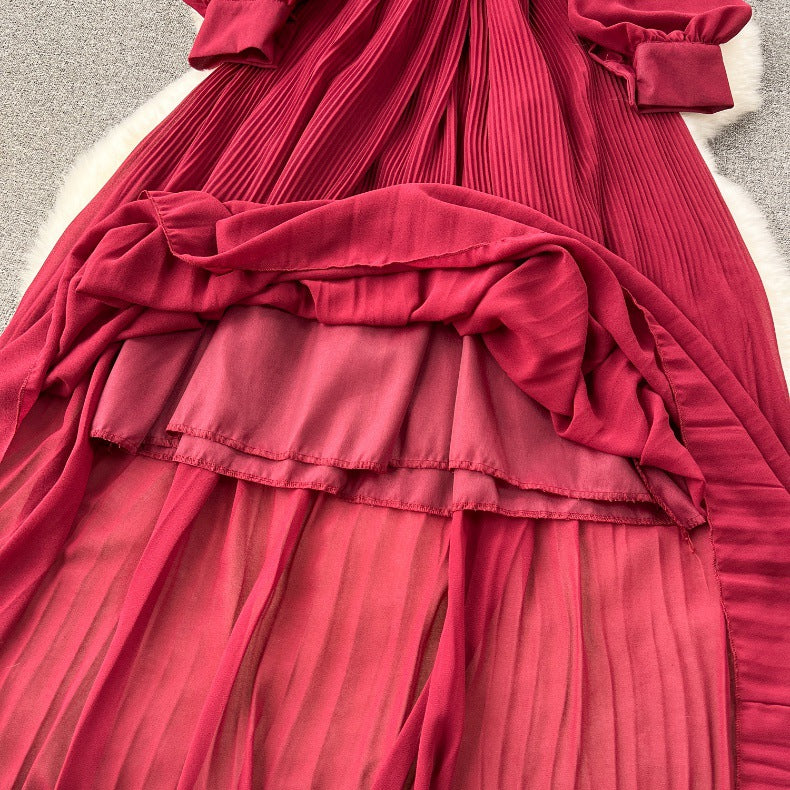 Spring Women's Bow Pleated Chiffon Puff Sleeve Long Dress 13