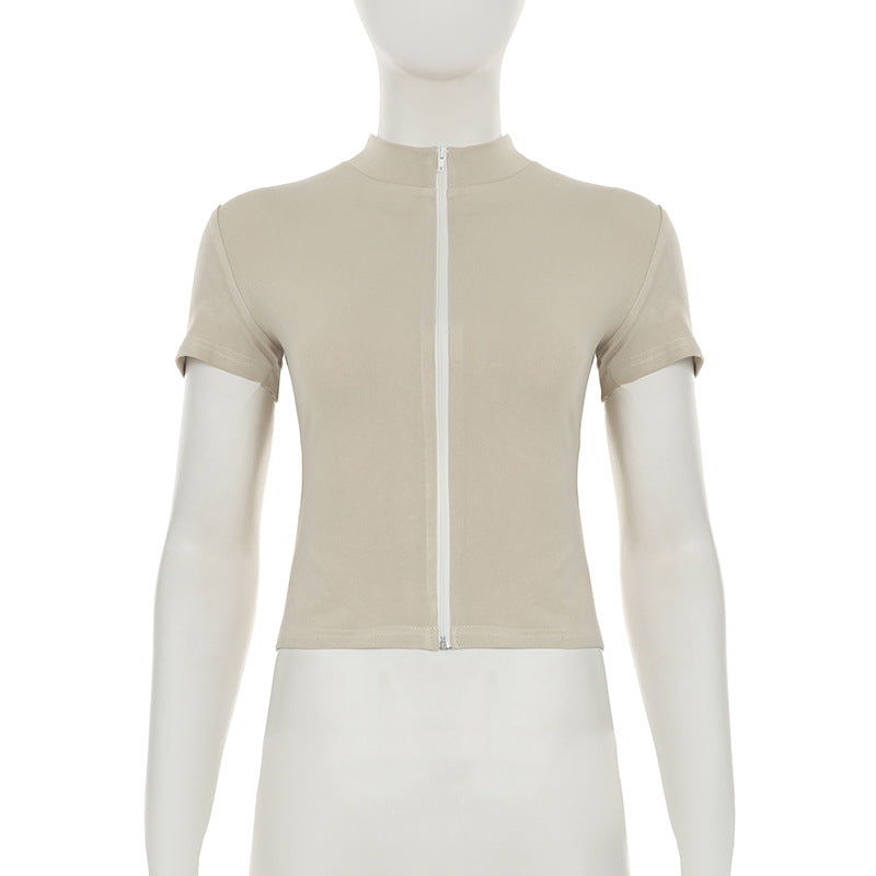 Slim Sports Basic Stand Collar Short Sleeve t-shirt Sports Casual Zipper Top 6