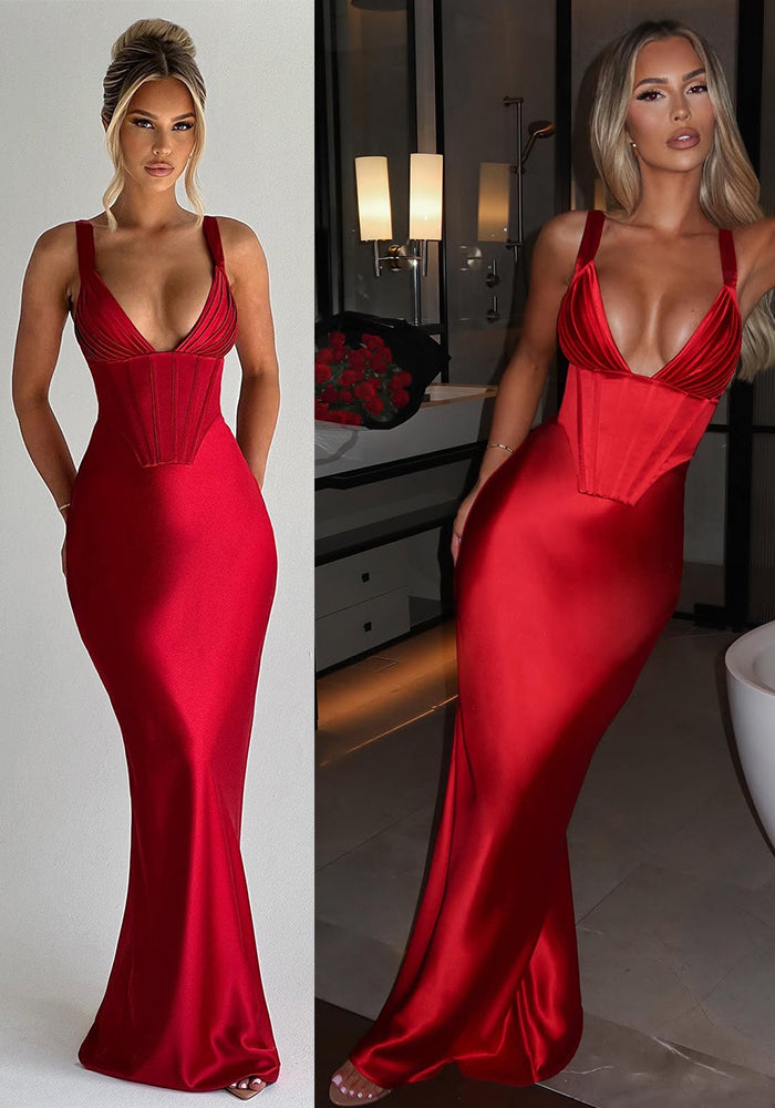 Women's Sexy Satin Low Back Slim V-Neck Fishbone Strap Evening Dress