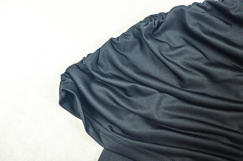 Elegant Women's Pleated Solid Color Bodycon Slim High Neck Short-Sleeve Long Dress 14