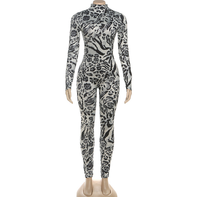 Autumn Women's Fashion Leopard Print Semi-High Neck Sexy Tight Fitting Jumpsuit 9
