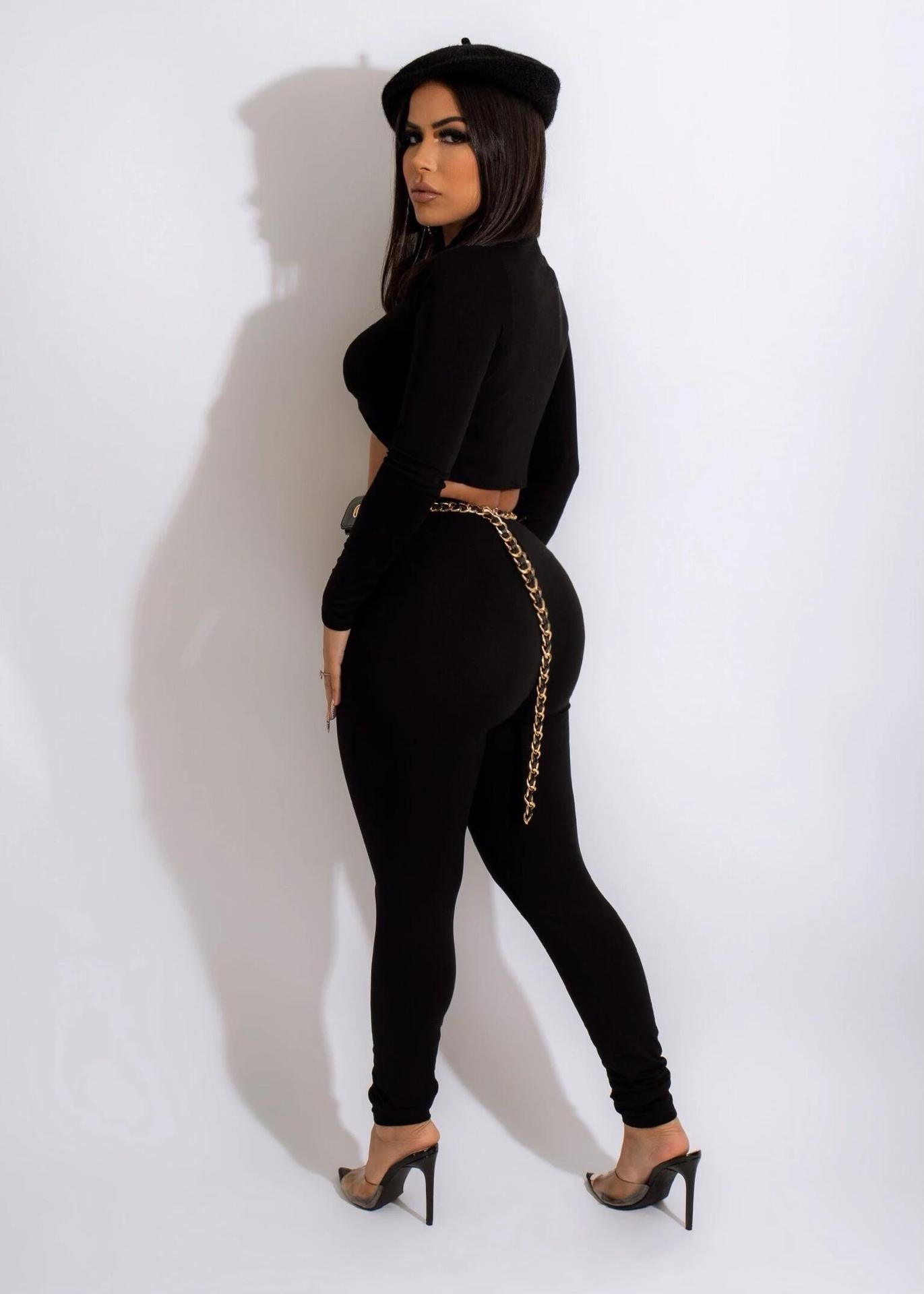 Women Crop Cross Pleated Long Sleeve Top and Pants Two Piece Set 4