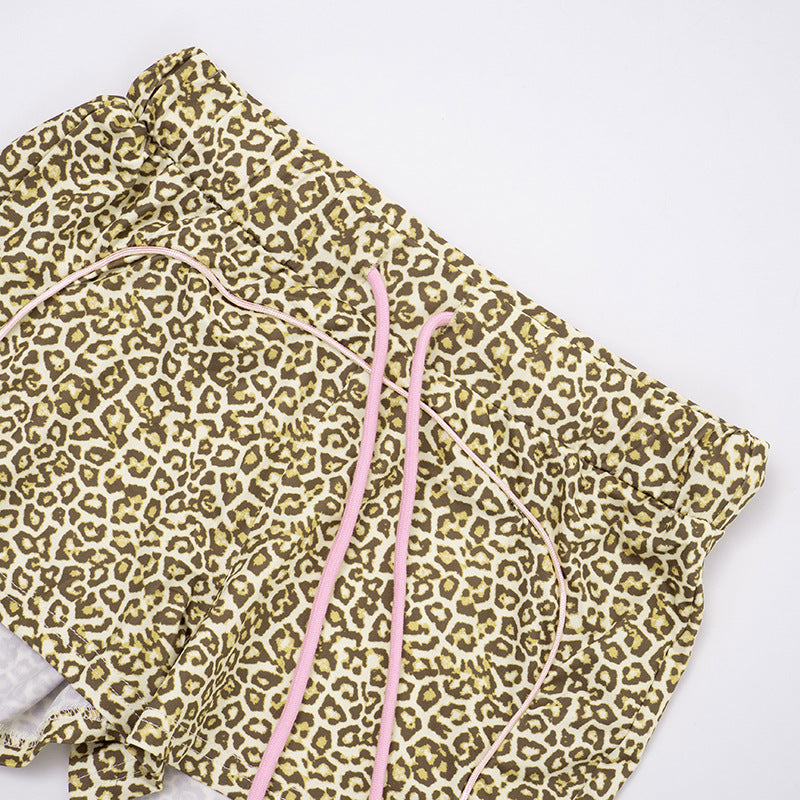 Women's Leopard Print Color Block Long Sleeve Zipper Coat Drawstring Shorts Two-Piece Set 29