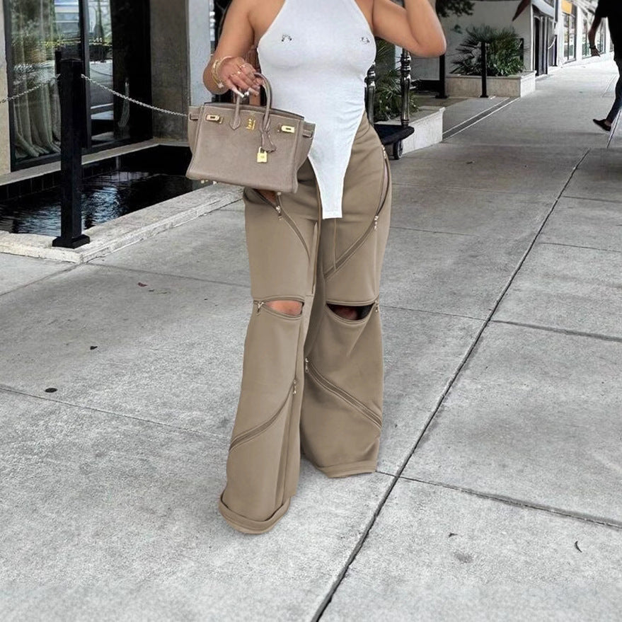 Women Patchwork Zipper Straight Bell Bottom Pants 4