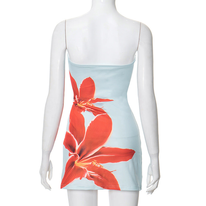 Women's Summer Casual Strapless Flower Print Slim Mini Dress 15