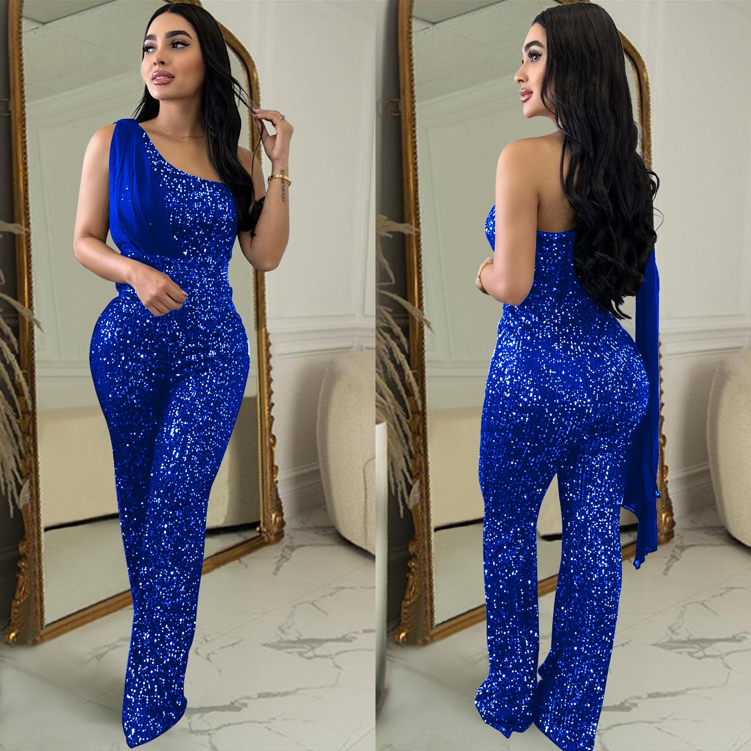 Women Solid Sleeveless One Shoulder Sequin Jumpsuit 4