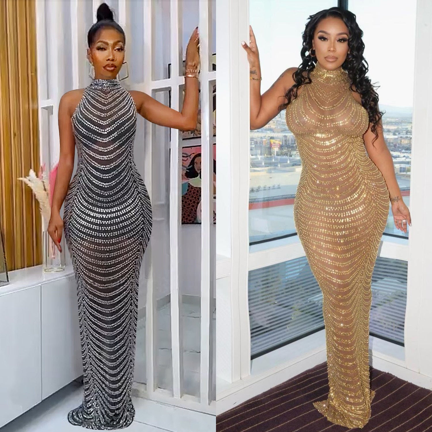 Summer Women Sexy Mesh See-Through Beaded Dress 15