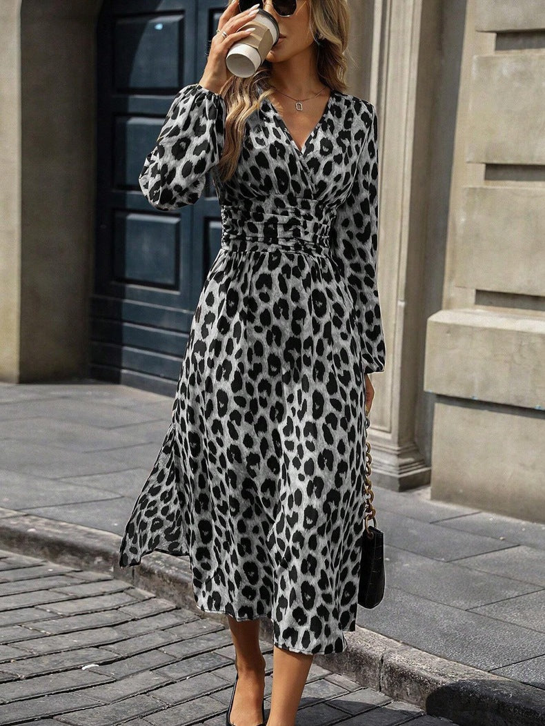 Leopard Print Women Autumn Lantern Sleeve Long Dress 19