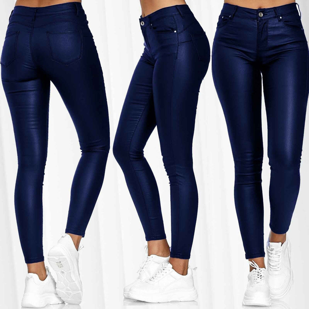 Women's Fashion High-Waist Solid Color Leather Casual Tight Pants 13