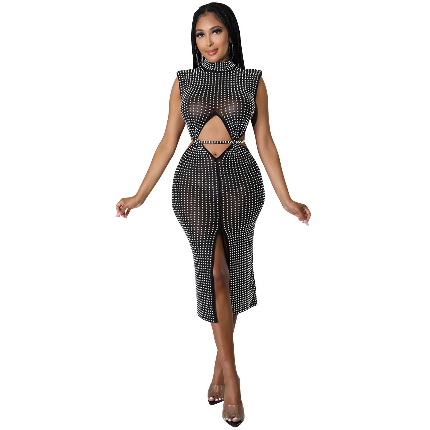 Women Fashion Sexy Mesh See Through Hot Drill Hollow Out Slit Dress 5