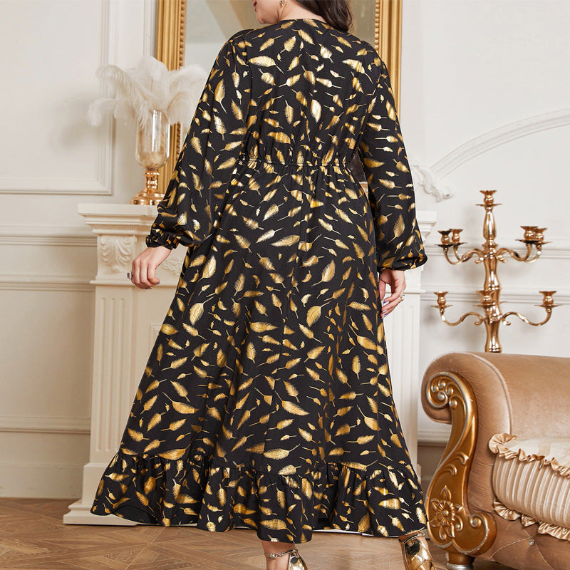 Plus Size comfortable Waist Feather Print Women's Dress 3