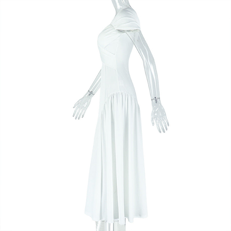 Elegant women's solid color pleated A-line V-neck short-sleeved low back long dress formal party dress 12