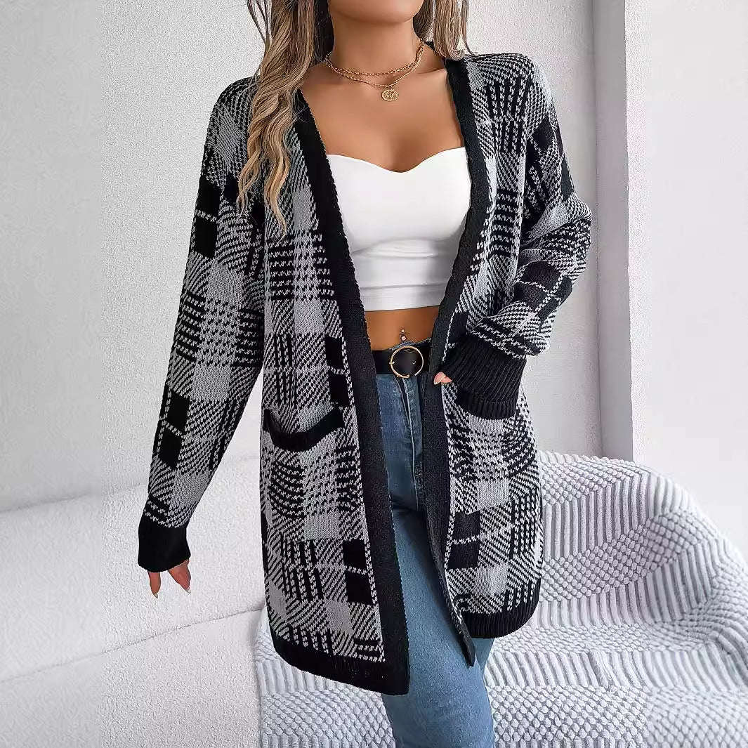 Autumn Winter Casual Contrast Color Plaid Pocket Long Sleeve Cardigan Sweater Christmas Women's Clothing