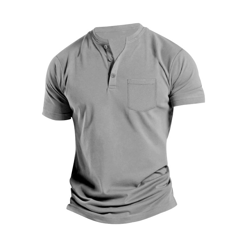 Men's Solid Button Stand Collar Short Sleeve T-shirt 24