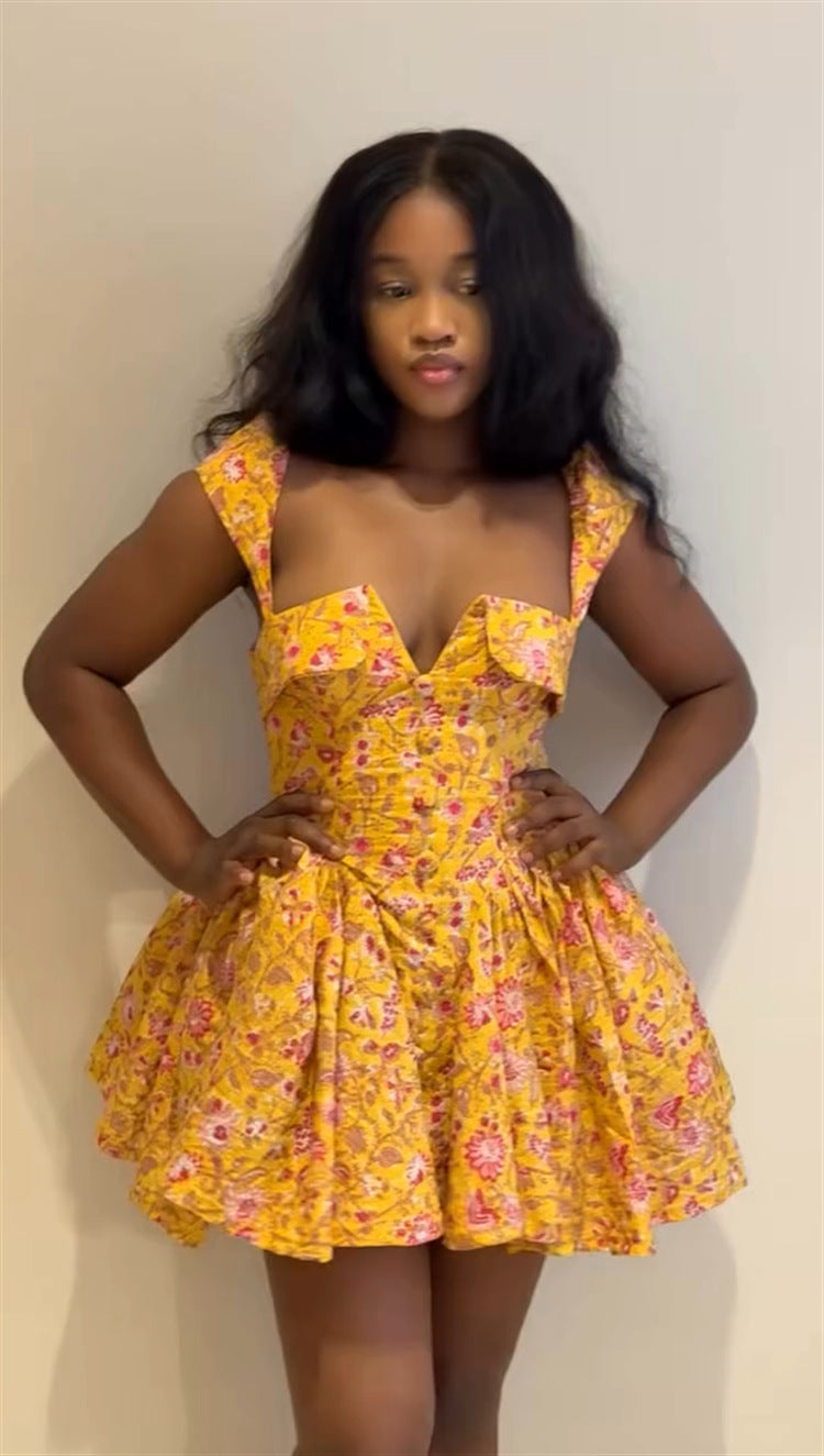 Women Summer Square Neck Printed Irregular Mini Dress