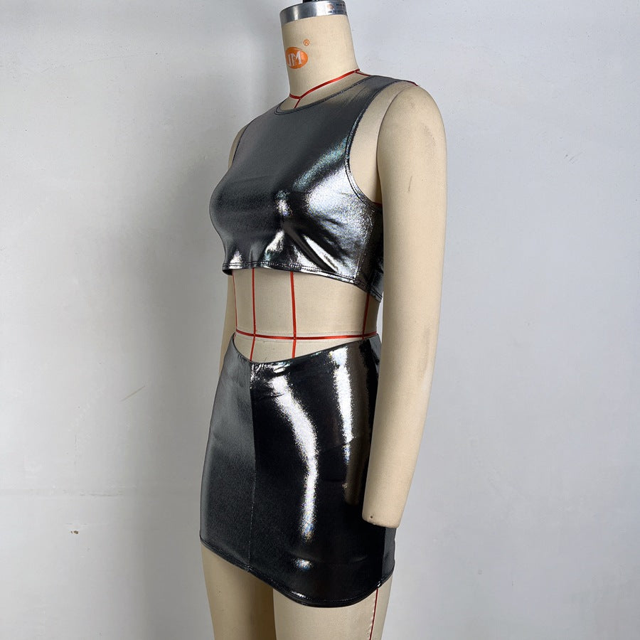 Women Summer Metallic Shiny Solid Round Neck Sleeveless Crop Top Bodycon Skirt Two-Piece Set 14