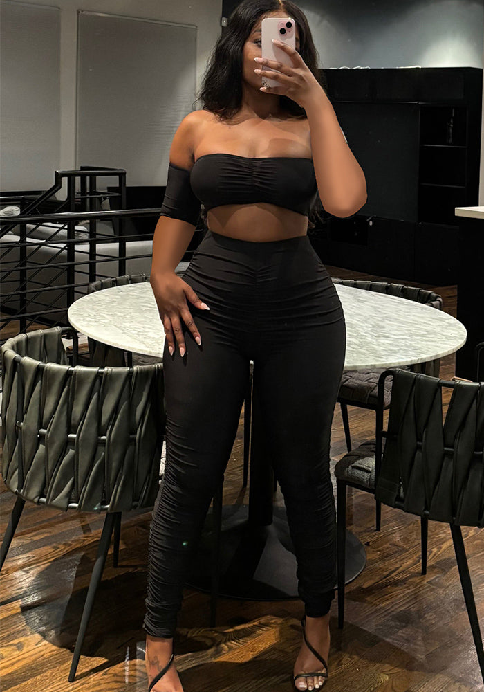 Women Sexy Backless Strapless Solid Top and Pants Two Piece Set