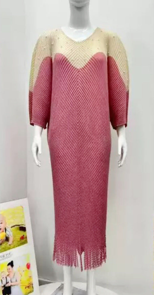 Beaded Plus Size African Fashion Bat Sleeve Color-Block Midi Loose Women's Dress 3