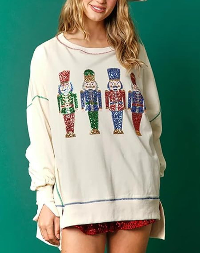 Autumn And Winter Women's Christmas Sequined Long Sleeve Pullover T-Shirt 4