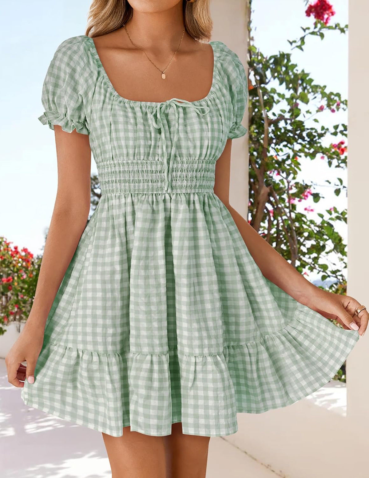 Plaid Square Neck Short Sleeves A-Line Dress 8