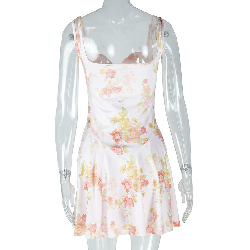 Sexy Sweet Women's Low Back Printed Trendy Strap Slim Waist A-line Short Dress 8