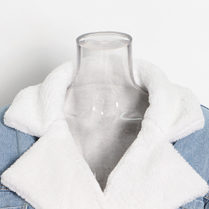 Women Autumn/Winter Turndown Collar Long Sleeve Lace-Fly Lamb Maxi Colorblock Denim Coat 18