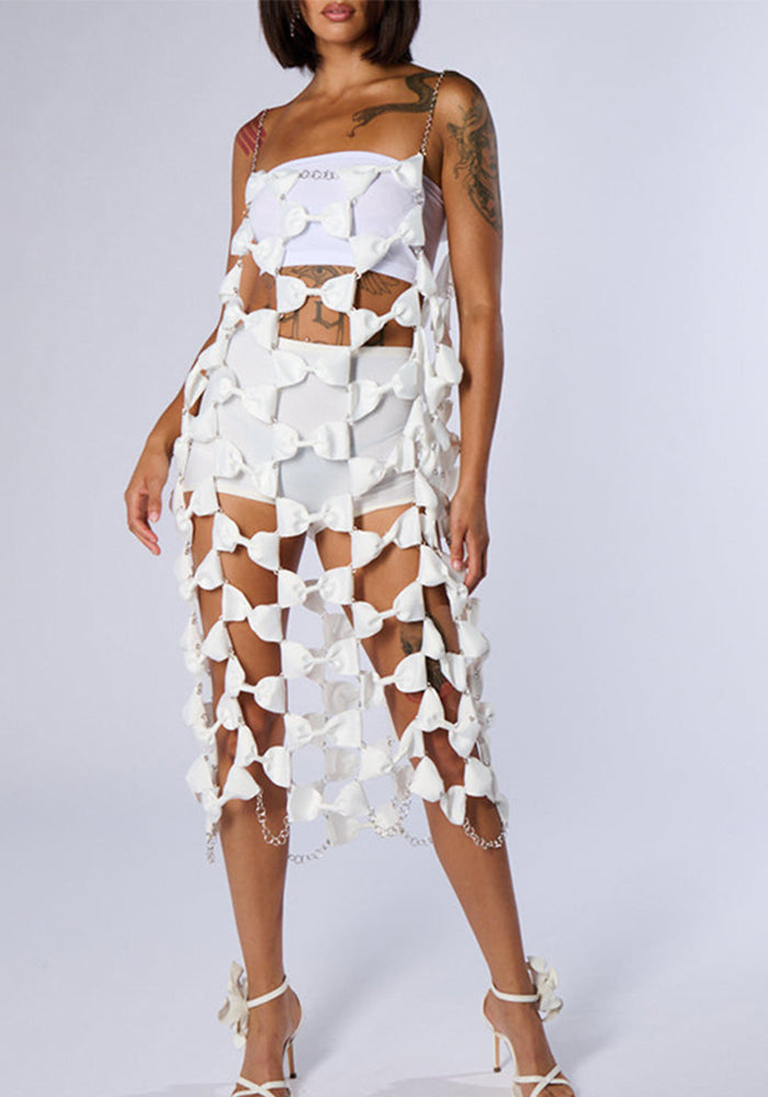 Sexy Solid Color Metal Chain Strap Bow Patchwork Dress