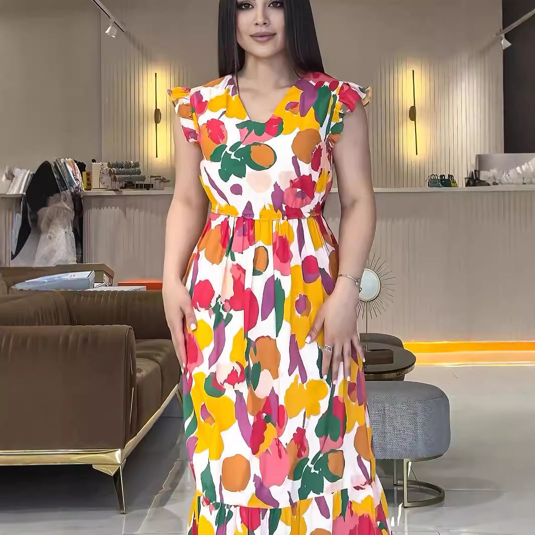 Women V-neck Printed Patchwork Dress