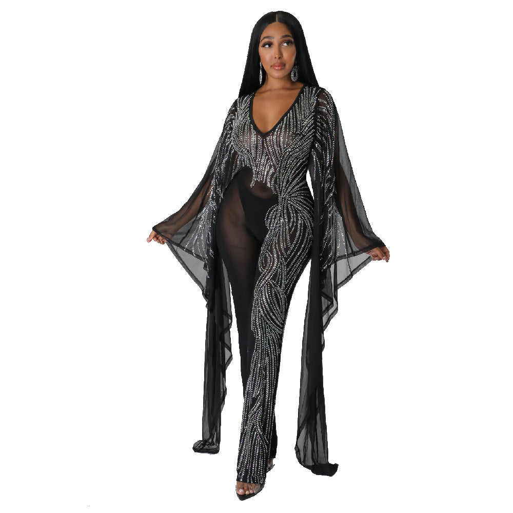 Fashion V-Neck Bat Sleeves See-Through Beaded Sexy Nightclub Party Jumpsuit 7