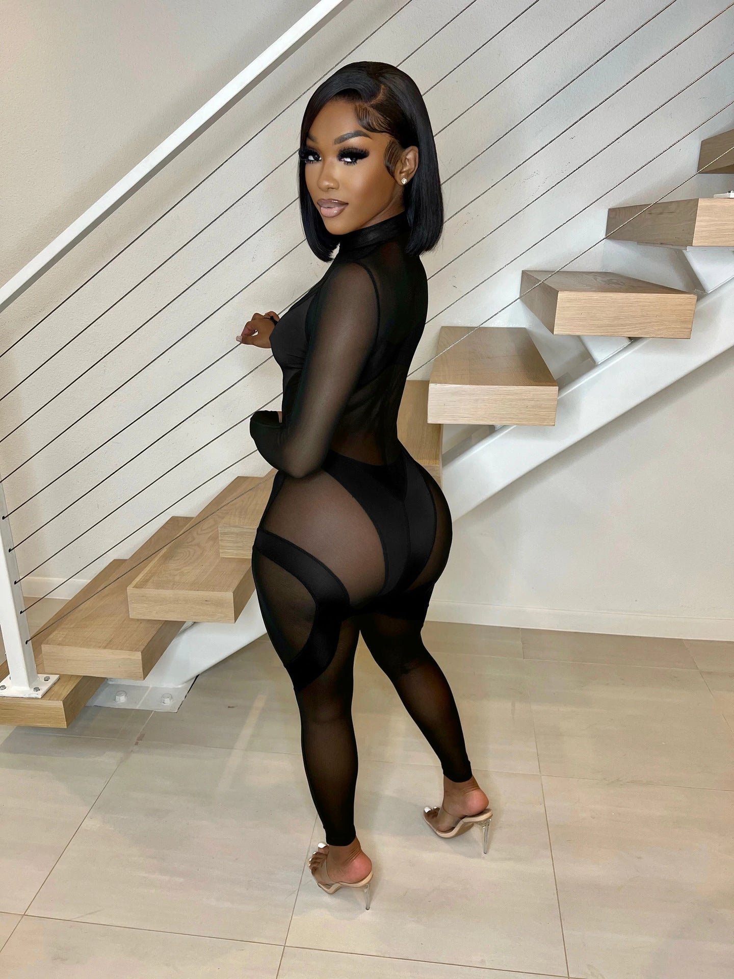 Women'S Mid Neck Sexy Long Sleeve See-Through Mesh Patchwork Jumpsuit 7