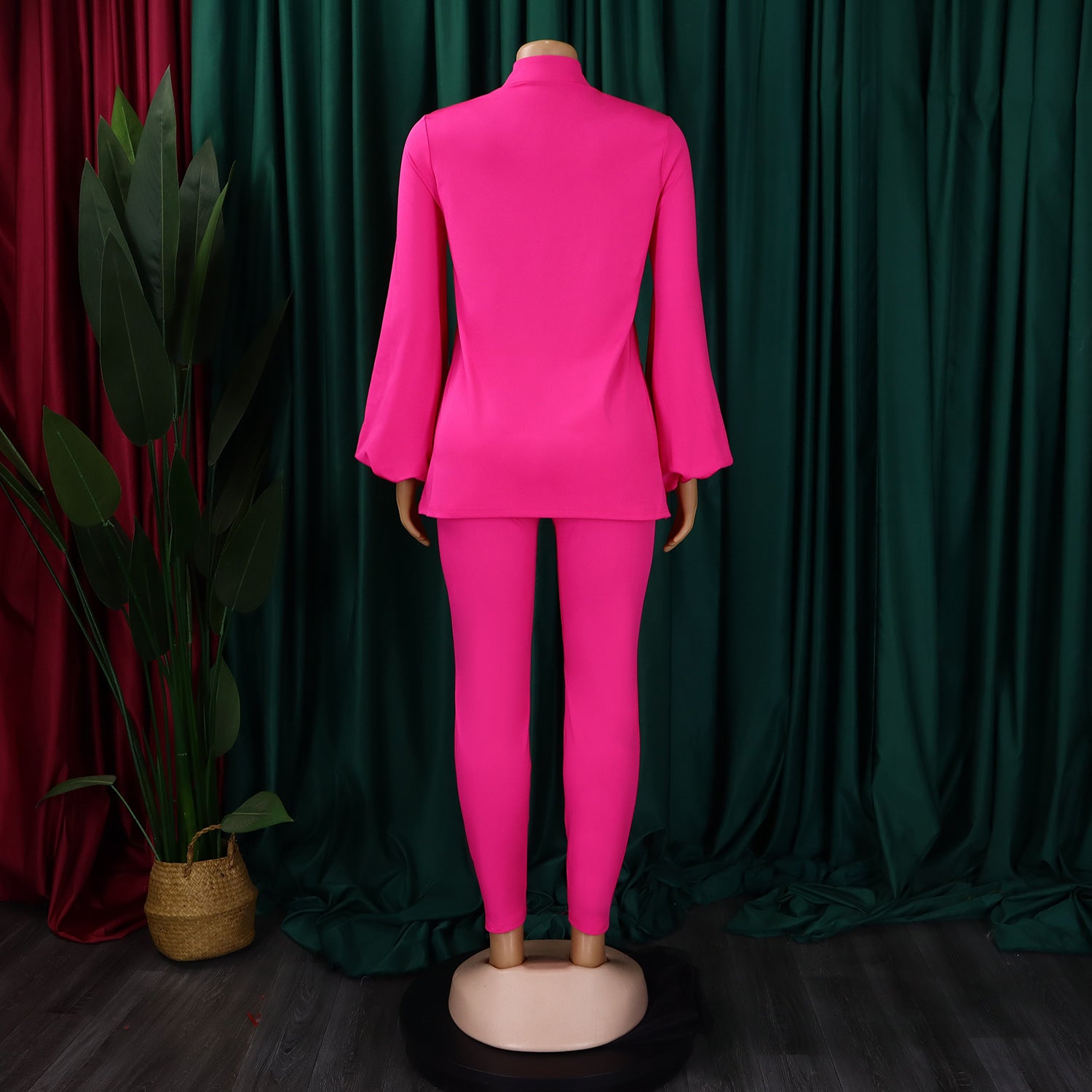 Women's Fall Winter Fashion Solid Color Plus Size V Neck Long Sleeve Top Pants African Suit 21