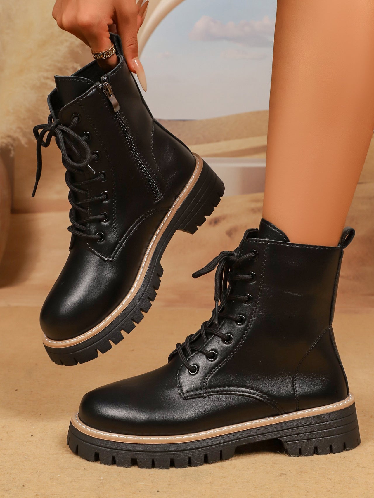Women's Platform Martin Boots Autumn Winter Front Lace-Up Black Plus Size Height-Increasing Leather Boots 12