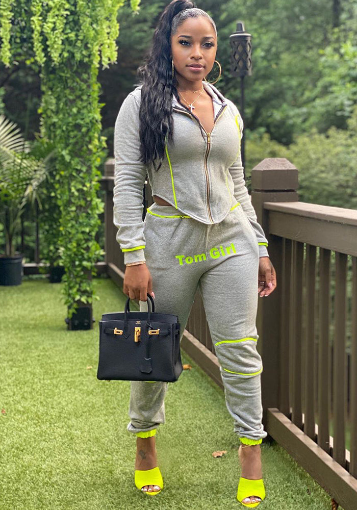 Women Casual Sports Zipper Hood Top and Pant Two-Piece Set