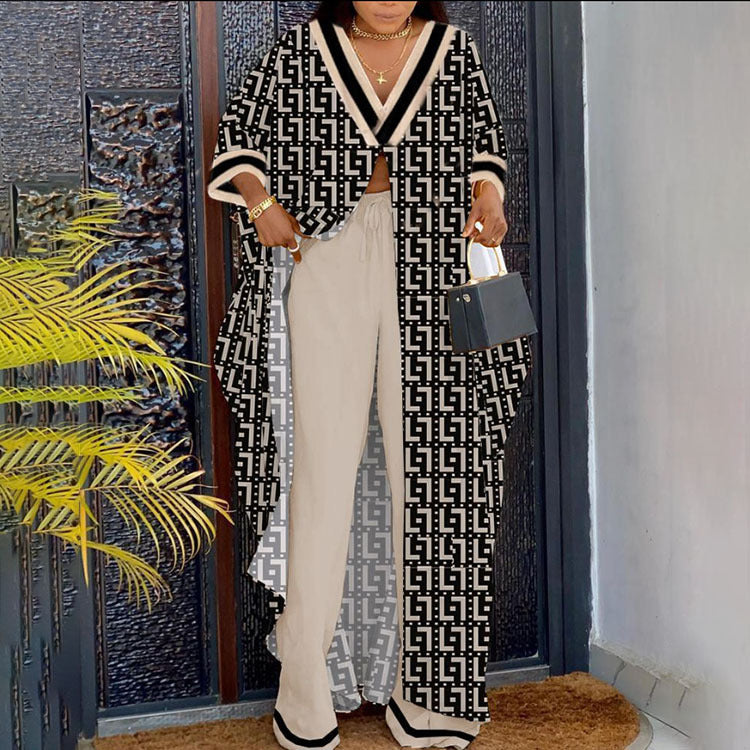 Women'S Spring Summer Letter Print V-Neck Long-Sleeve Top Suit For Women 6