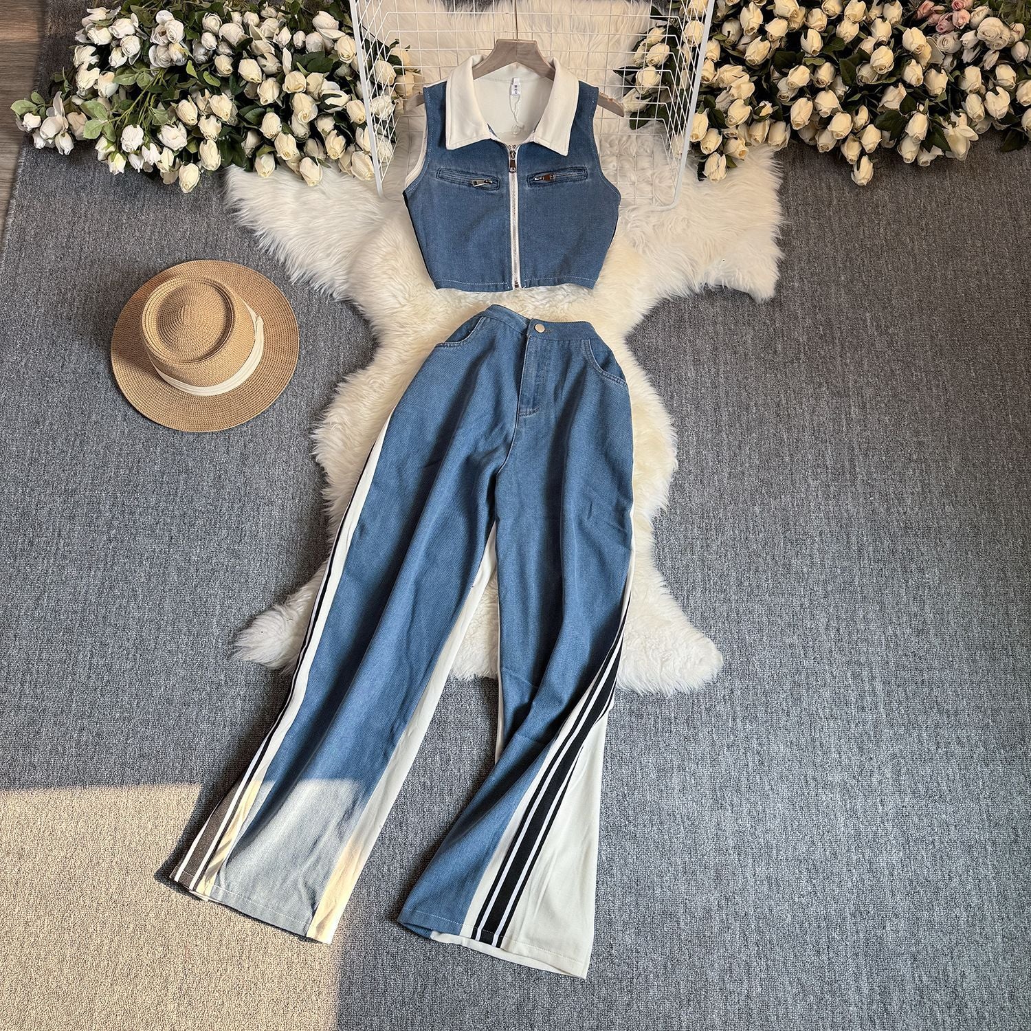 Summer Fashion Sleeveless Short Denim Patchwork Top Wide Leg Trousers Contrast Color Two piece Set for Women