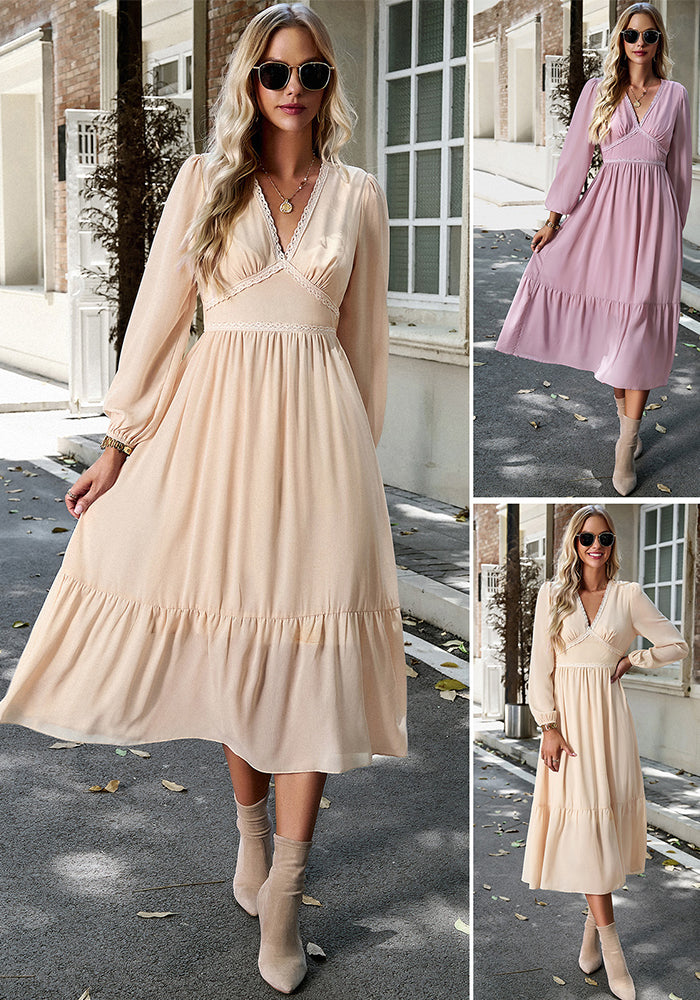 Women Elegant Solid V-Neck Long Sleeve Dress