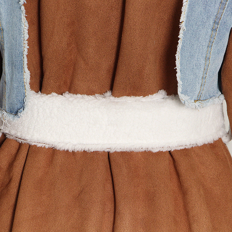 Women Autumn/Winter Turndown Collar Long Sleeve Lace-Fly Lamb Maxi Colorblock Denim Coat 27